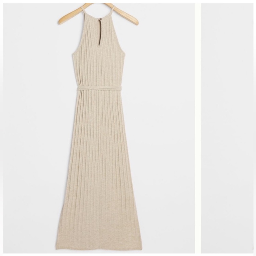 Tan knit Anthropologie dress with tie waist - Picture 2 of 7